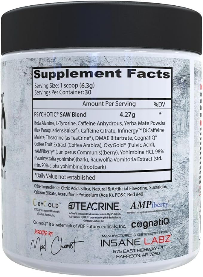 Insane Labz Psychotic SAW®, High Stim Pre Workout Powder with OxyGold­??and AMPiberry®, Extreme