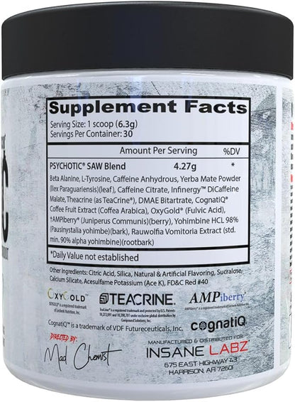 Insane Labz Psychotic SAW®, High Stim Pre Workout Powder with OxyGold­??and AMPiberry®, Extreme