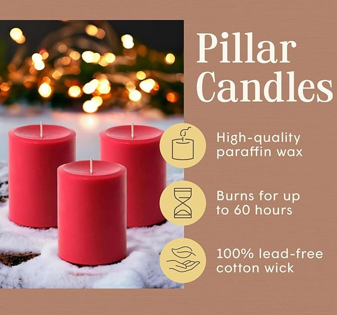 Mister Candle Dripless Unscented Rustic Red Pillar Candles, Set of 3 Hand Poured Solid Color