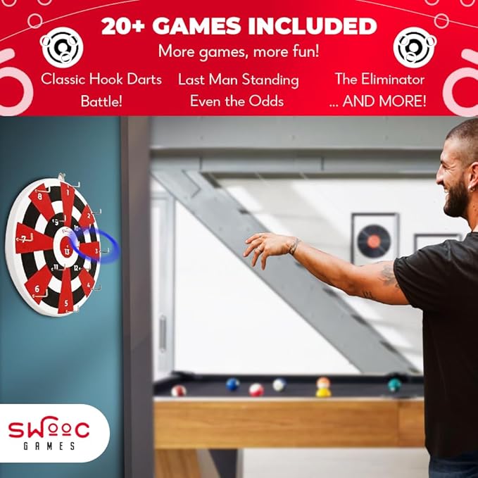 Swooc Games® ‒ Hook Darts Ring Toss Game ‒ Wood Board & Soft Rings ‒ 20+ Games Included for Kids &