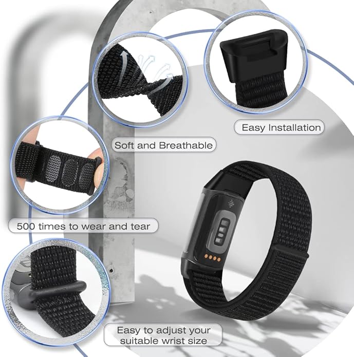 Sport Loop Nylon Watch Bands Compatible with Fitbit Charge 6/5, Adjustable Breathable Replacement