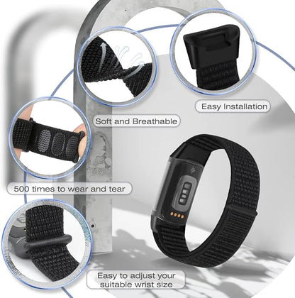 Sport Loop Nylon Watch Bands Compatible with Fitbit Charge 6/5, Adjustable Breathable Replacement