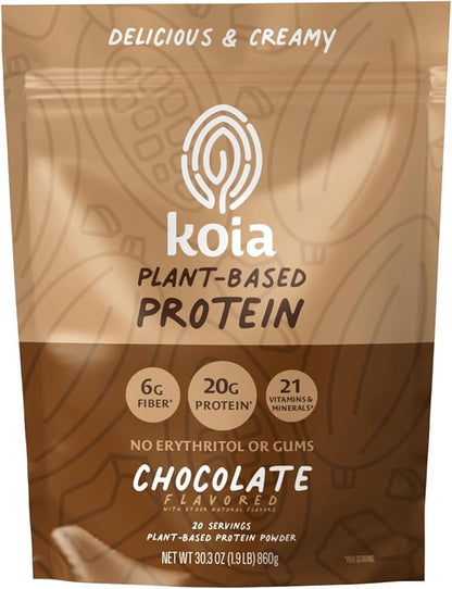 Koia Plant Based Protein Powder, Chocolate, 20g Protein, 3g Sugar, 6g Prebiotic Fiber, Pre & Post
