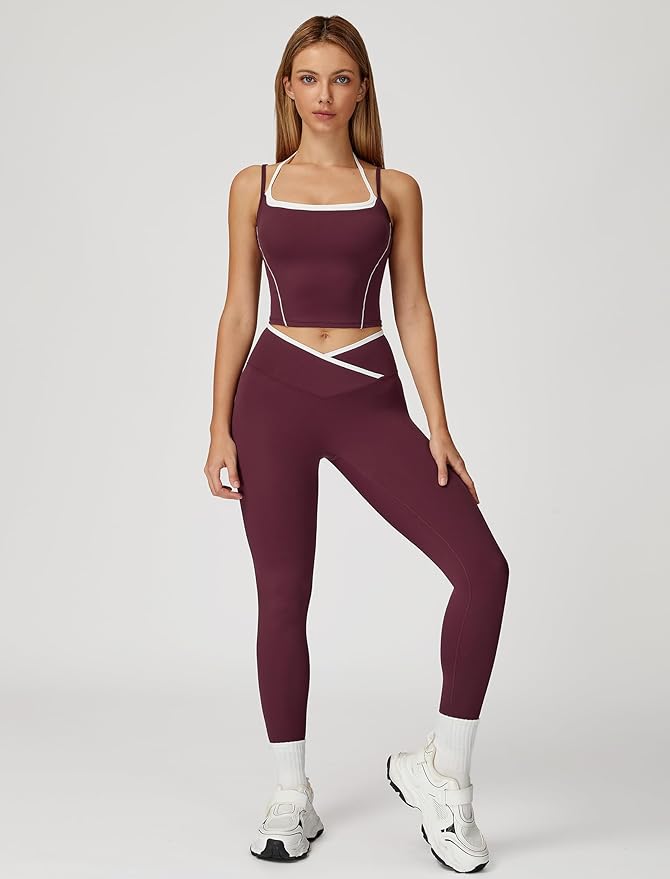 ABOCIW Workout Sets for Women 2 Piece Color Block Strappy Sports Bra High Waist Leggings Gym Yoga