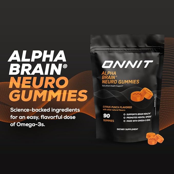 ONNIT Alpha Brain Neuro Focus Gummies - Vegan Gummies with Omega-3s, Lutein, Zeaxanthin & Caffeine