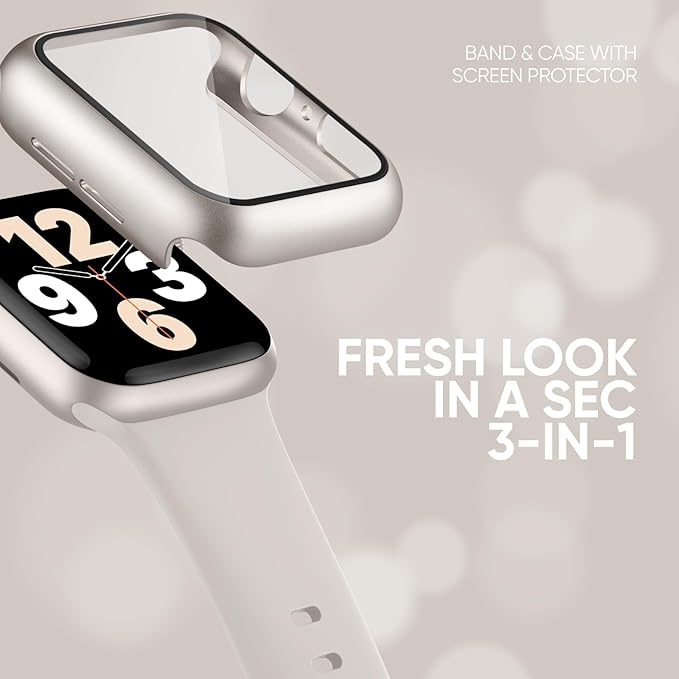 Compatible for Apple Watch Band 44mm 45mm and Case with Screen Protector, Soft Silicone Sport Strap