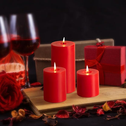 KONNI Red Pillar Candles Set of 3, 3"x 3" Unscented Pillar Candles Bulk, 30 Hours Long Burning