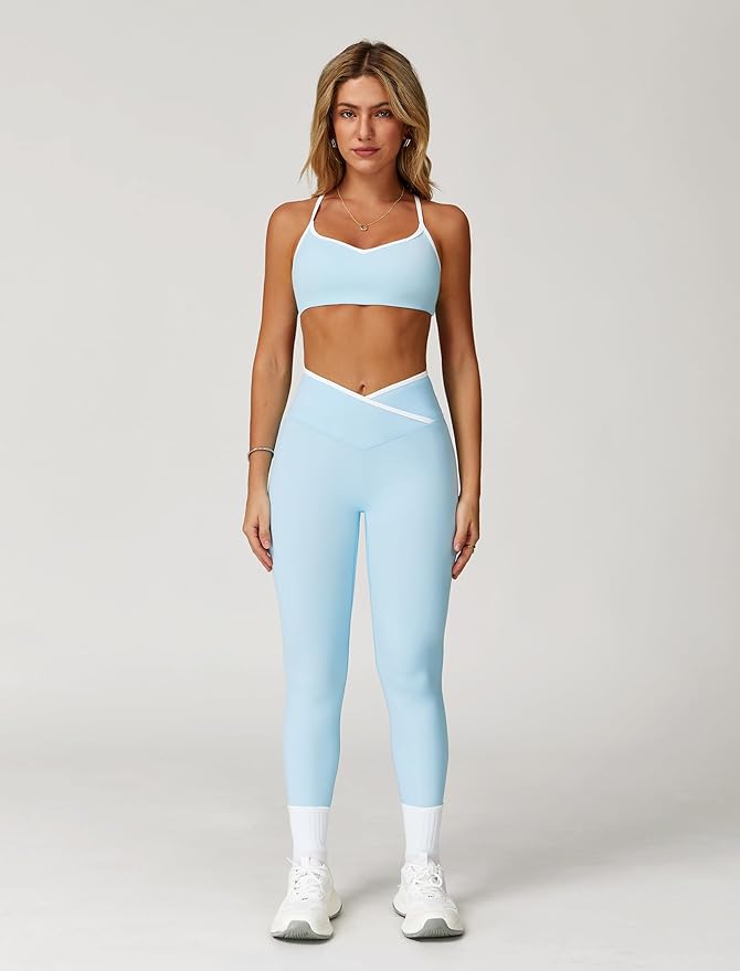 ABOCIW Workout Sets for Women 2 Piece Color Block Strappy Sports Bra High Waist Leggings Gym Yoga