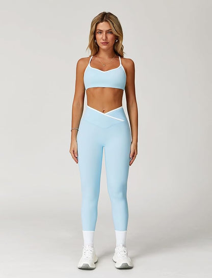 ABOCIW Workout Sets for Women 2 Piece Color Block Strappy Sports Bra High Waist Leggings Gym Yoga
