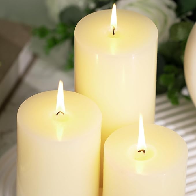 KONNI Ivory Pillar Candles Set of 3, 3"x 4" Unscented Pillar Candles Bulk, 39 Hours Long Burning