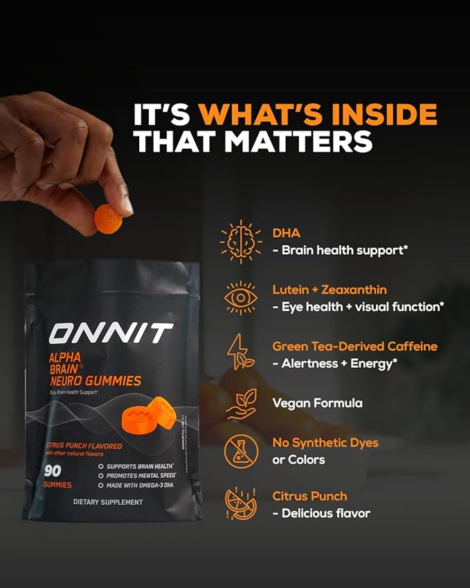 ONNIT Alpha Brain Neuro Focus Gummies - Vegan Gummies with Omega-3s, Lutein, Zeaxanthin & Caffeine
