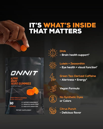 ONNIT Alpha Brain Neuro Focus Gummies - Vegan Gummies with Omega-3s, Lutein, Zeaxanthin & Caffeine