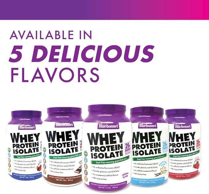 BlueBonnet Nutrition Whey Protein Isolate Powder From Grass Fed Cows, 26g of Protein, No Sugar
