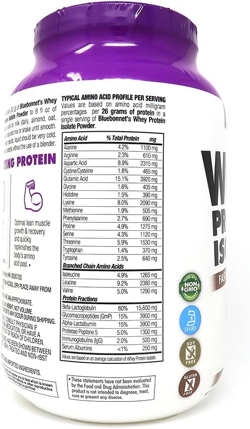 Bluebonnet Grass Fed Whey Protein Isolate 26 g Energy & Workout Recovery BCAA Amino Acids