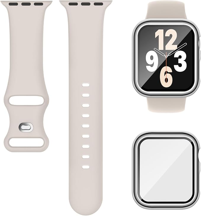 Compatible for Apple Watch Band 40mm 41mm and Case with Screen Protector, Soft Silicone Sport Strap