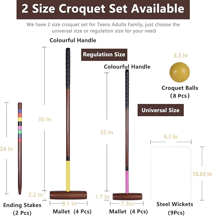 Croquet Set for Adults - 8 Players Croquette Kit with 32In Regulation, 35In Deluxe Size Rubber Wood
