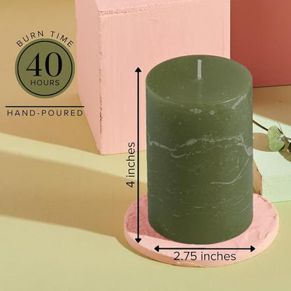Simply Soson Rustic 2.75"x4"Dark Moss Green Pillar Candles Set of 3-Unscented Candles - Large