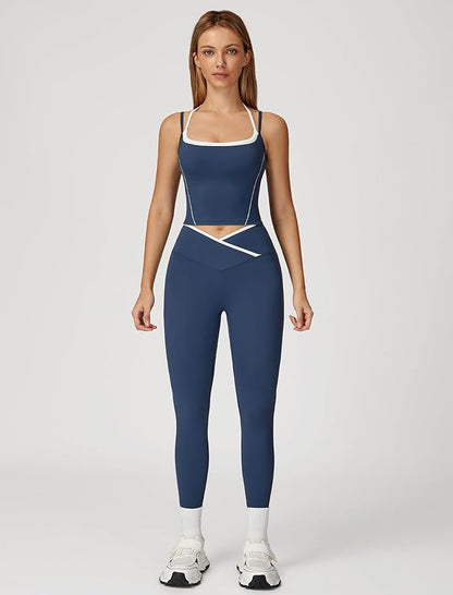 ABOCIW Workout Sets for Women 2 Piece Color Block Strappy Sports Bra High Waist Leggings Gym Yoga