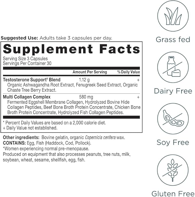 Ancient Nutrition Testosterone Support + Collagen Supplement, Hydrolyzed Collagen Peptides, Key