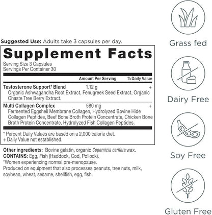 Ancient Nutrition Testosterone Support + Collagen Supplement, Hydrolyzed Collagen Peptides, Key