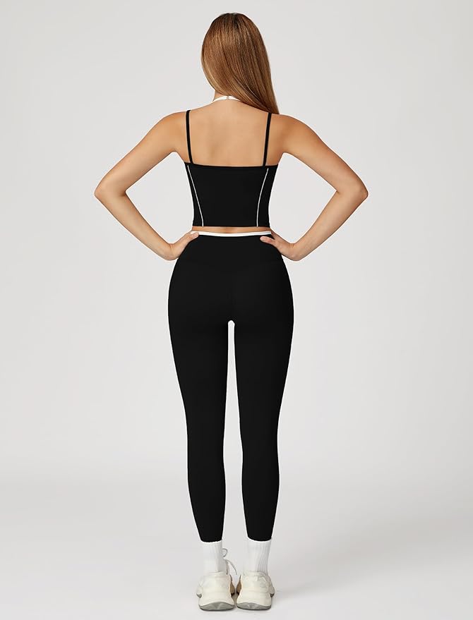 ABOCIW Workout Sets for Women 2 Piece Color Block Strappy Sports Bra High Waist Leggings Gym Yoga