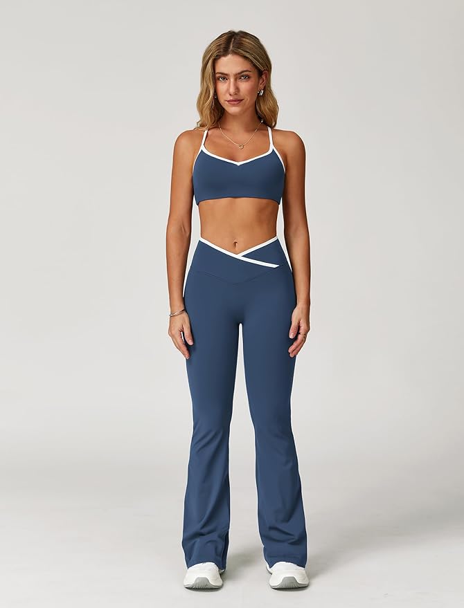 ABOCIW Workout Sets for Women 2 Piece Color Block Strappy Sports Bra High Waist Leggings Gym Yoga