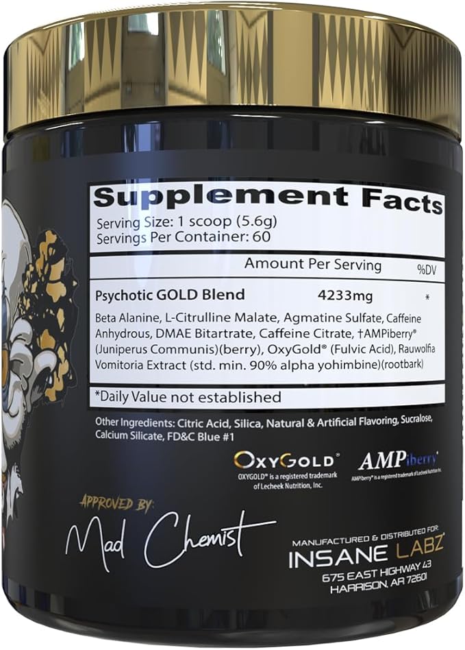 Insane Labz Psychotic Gold, High Stimulant Pre Workout Powder, Extreme Lasting Energy Focus, Pumps