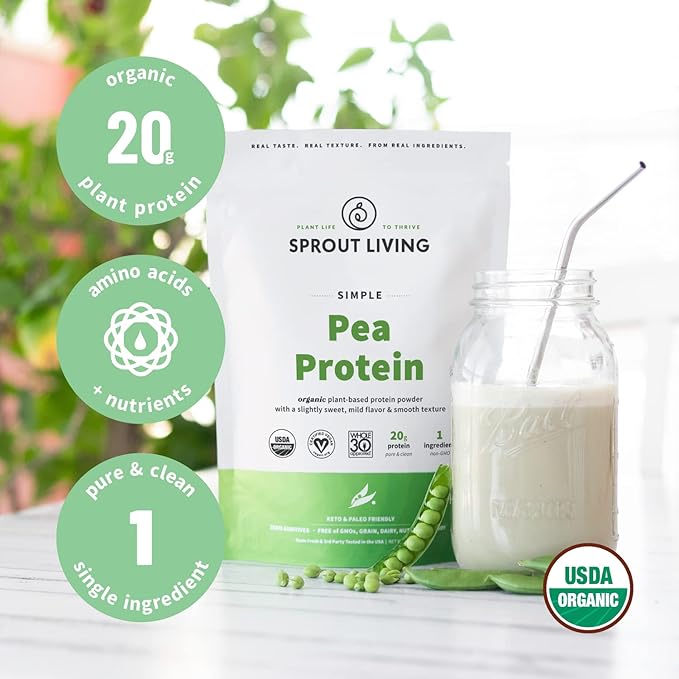 Sprout Living Organic Pea Protein Powder, Unflavored, 20 Grams of Plant Based Organic Protein