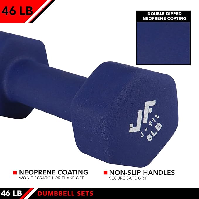 JFIT Dumbbell Pairs or Sets – Neoprene & Vinyl Coated Hand Weights for Home Gym, Strength Training