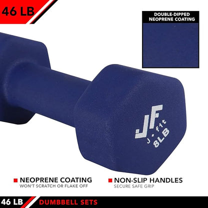 JFIT Dumbbell Pairs or Sets – Neoprene & Vinyl Coated Hand Weights for Home Gym, Strength Training