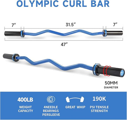 Olympic EZ Curl Barbell Bar, 400LBS Weight Capacity Olympic Curl Bar, 4ft Barbell Weight Bar with