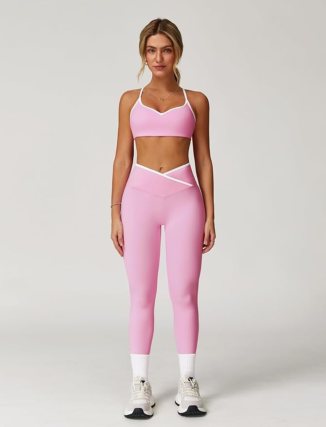 ABOCIW Workout Sets for Women 2 Piece Color Block Strappy Sports Bra High Waist Leggings Gym Yoga