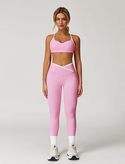 ABOCIW Workout Sets for Women 2 Piece Color Block Strappy Sports Bra High Waist Leggings Gym Yoga