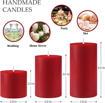 Red Unscented Pillar Candles 3-Pack ??Dripless & Smokeless, Long-Burning Thick Candles (2",3",4"