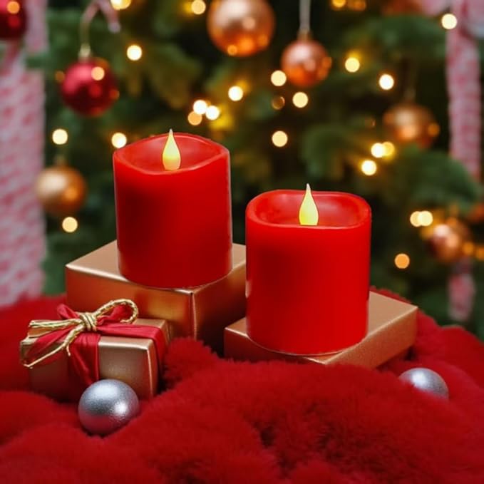 Red Flameless LED Candles 3 inch Diameter Real Wax 2AA Battery Operated 600hr+ Flickering Candles