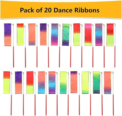 20 Pack Ribbon Dancing Wands Party Favors for Kids, Rainbow Birthday Decorations, Princess Party