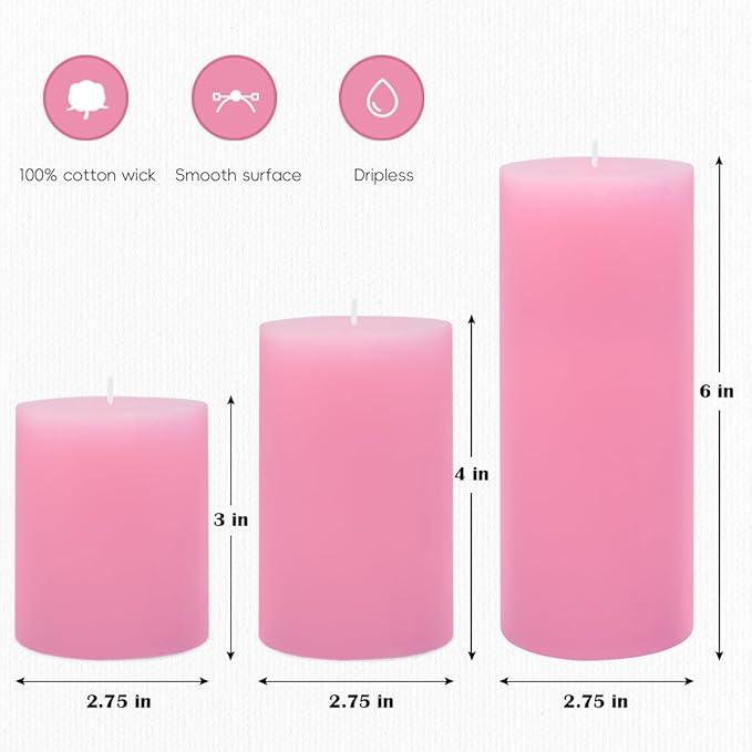 3 Packs Different Size Pink Pillar Candles, Unscented Dripless 2.75x3, 2.75x4, 2.75x6 Inch Pastel