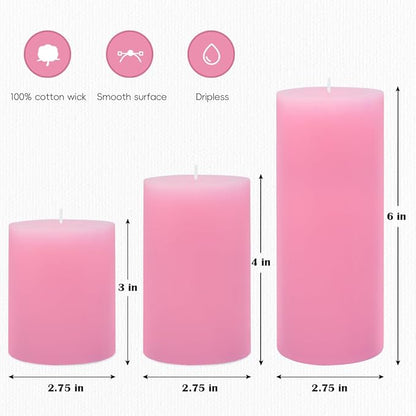 3 Packs Different Size Pink Pillar Candles, Unscented Dripless 2.75x3, 2.75x4, 2.75x6 Inch Pastel