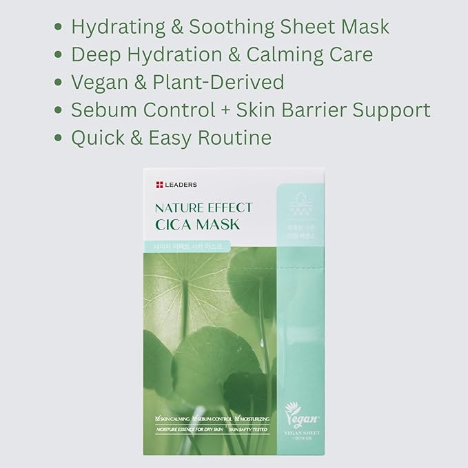 LEADERS Nature Effect Cica Mask ??Hydrating & Soothing Face Mask with Cica & Tea Tree Extracts for