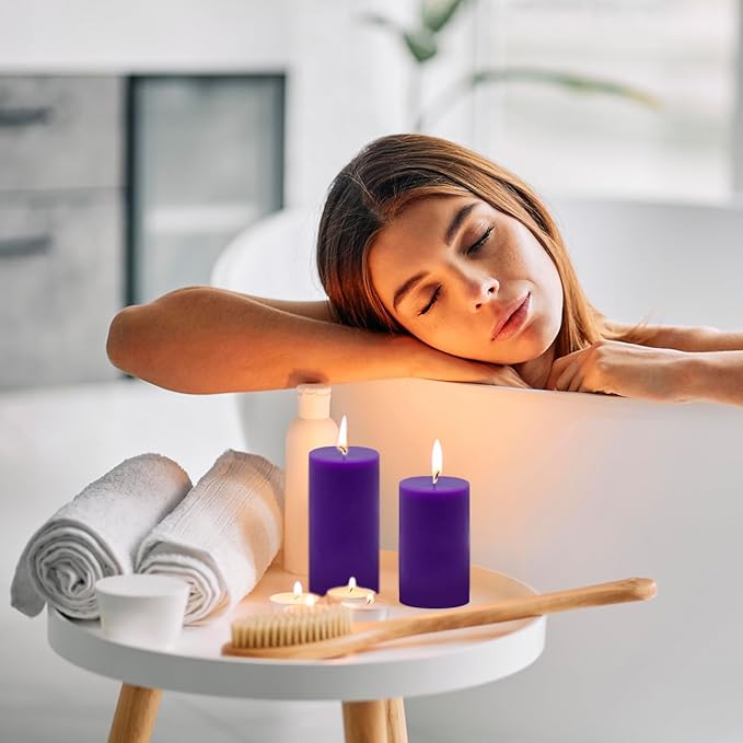 Purple Unscented Pillar Candles 3-Pack ??Dripless & Smokeless, Long-Burning Thick Candles (2",3",4"
