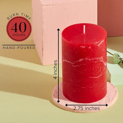 Simply Soson Red Rustic Texture Pillar Candles - 3x4 inch Set of 3 - Unscented Decorative Large