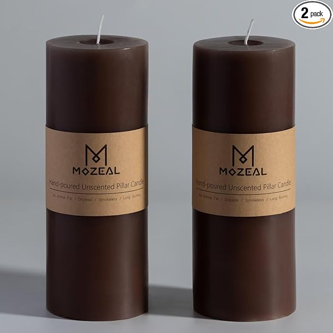 MOZEAL 3" x 8" Hand-Poured Unscented Large Candle, Smokeless Rustic Pillar Candle Set of 2, Slow