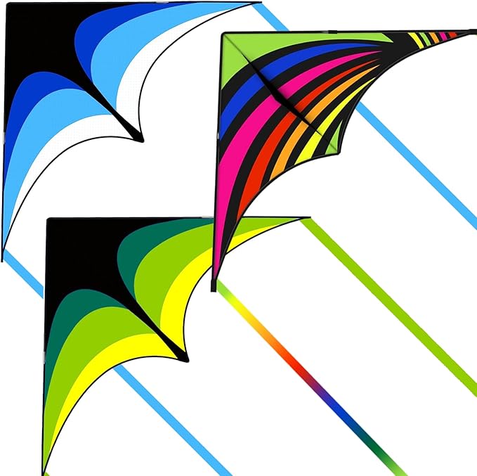 3 Pack Delta Kite Set for Adults and Kids, Single Line Beach Kites for Boys & Girls, Three Handle