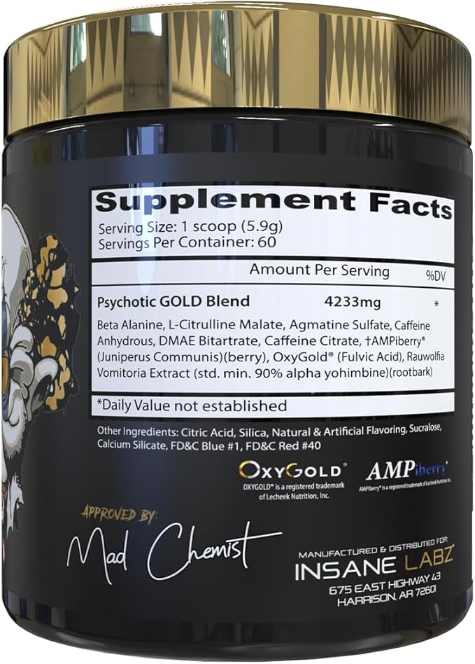 Insane Labz Psychotic Gold, High Stimulant Pre Workout Powder, Extreme Lasting Energy, Pumps and