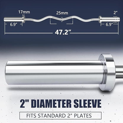 TECHNOAGE Olympic EZ Curl Bar, 47" Curl Bar(350/500LBS Capacity) 20LB, Solid Steel, Chrome Finish