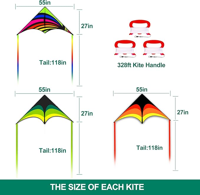 Mint's Colorful Life 3 Pack Delta Kite Set for Kids & Adults, Easy to Fly Large Kites for
