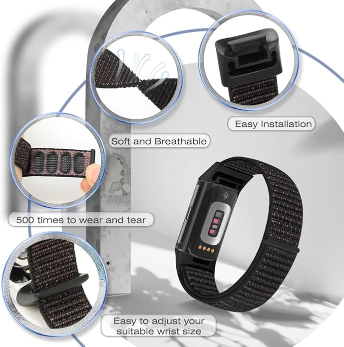 Sport Loop Nylon Watch Bands Compatible with Fitbit Charge 6/5, Adjustable Breathable Replacement