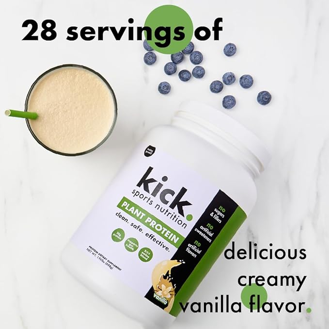 Kick Plant Protein Powder, Vanilla Flavor, 20 G Protein, Gluten Free Workout Supplement with Aminos