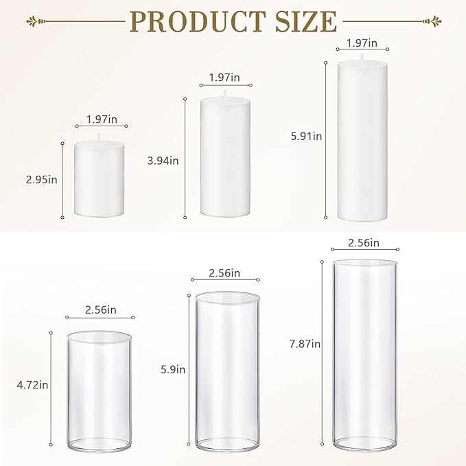 36 PCS Ivory White Pillar Candles with Glass Candle Holders Clear Hurricane Candle Holders Glass