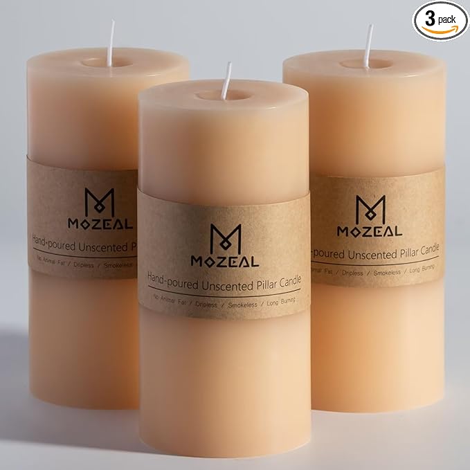 MOZEAL 3" x 6" Hand-Poured Unscented Candle, Dripless Pillar Candle Set of 3, Long Lasting Burning